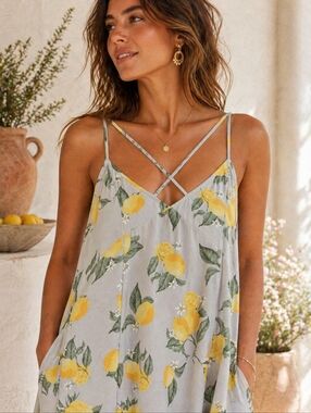 Derek Heart Lemon Print Mini Dress Crisscross Back Adjustable Straps Stretchy